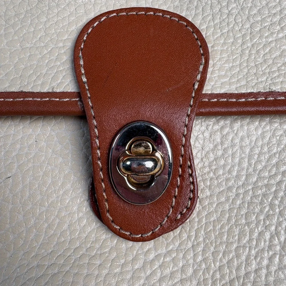 Vintage Pebbled Leather Satchel Handbag Cream Brown Turn Lock Top Handle Bag